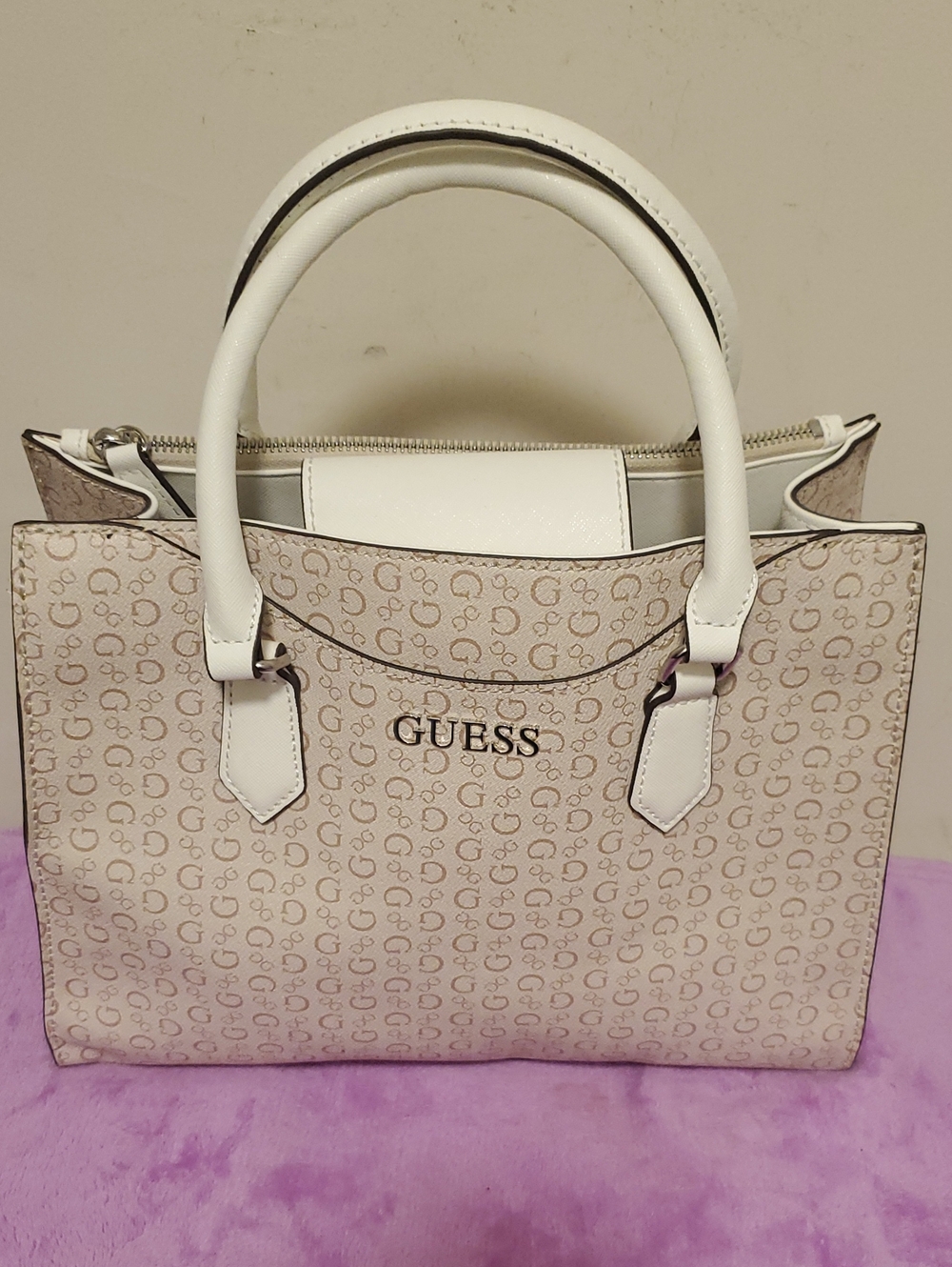 Guess Cream Monogram Satchel with White Handles